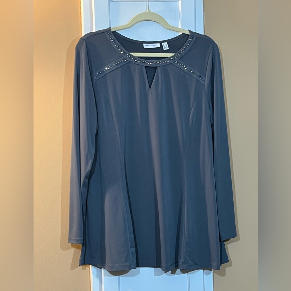 Susan Graver Liquid Knit Long Sleeve with Embellished Neck Line
